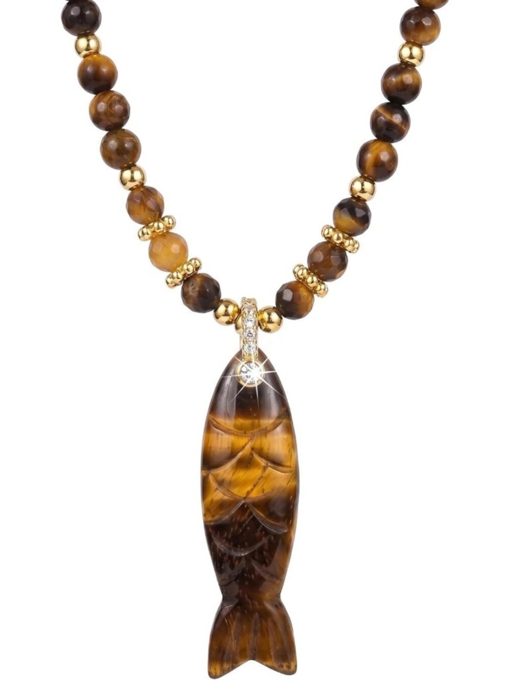 Natural Tiger Eye Fish Pendant Beaded Necklace for Unisex Style & Spiritual